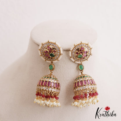 Stunning Peacock Motifs Kemp Jhumkas With Pear Bead Drops E1103 (Available In 2 Colors)
