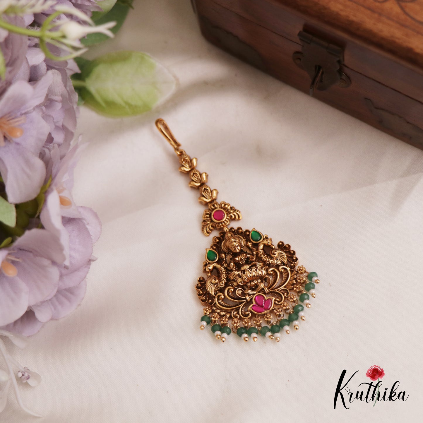 Traditional Antique Lakshmi Peacock Motifs Kemp Maang Tikka With Bead Drops MT368 (Available In 2 Colors)