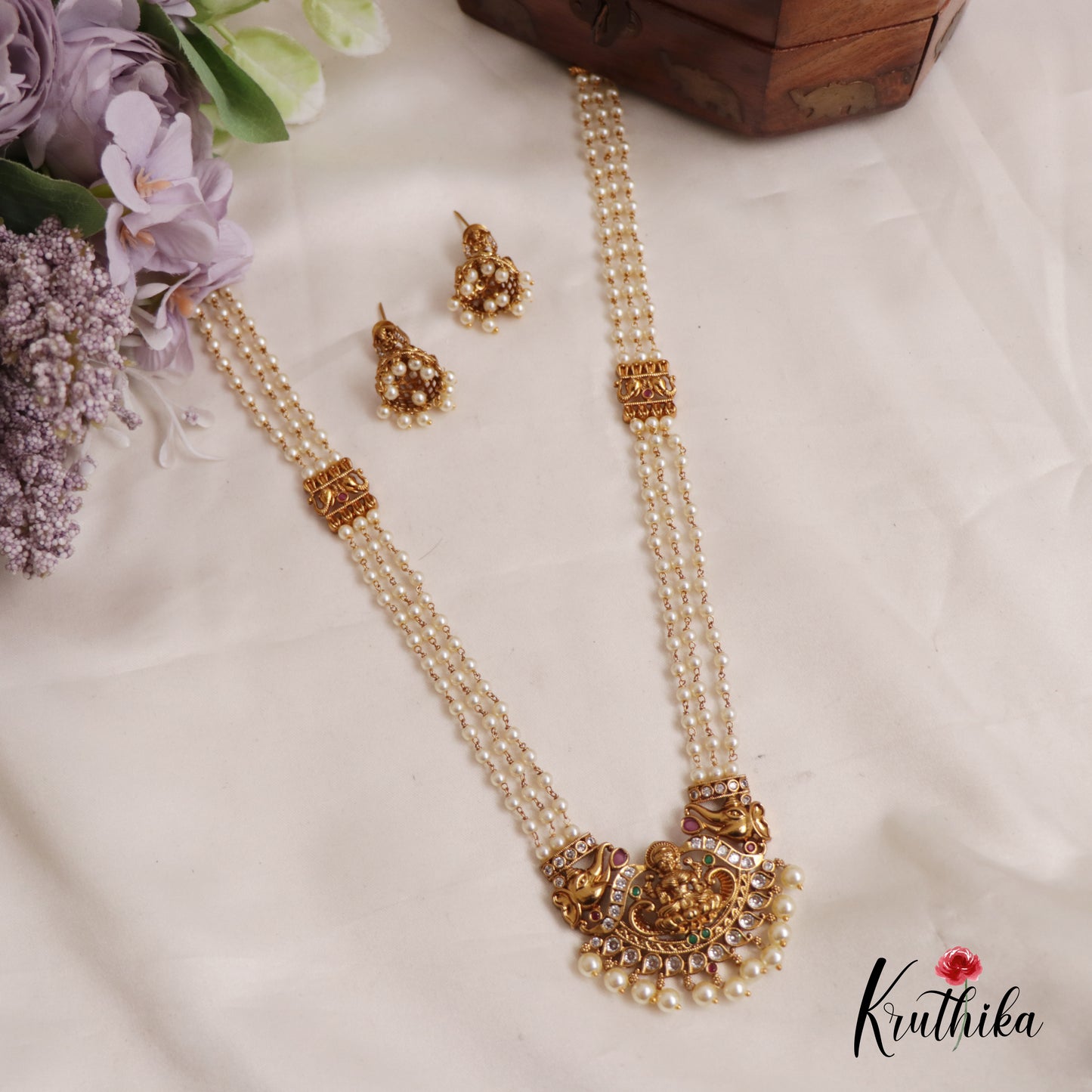 Classic Triple Layered Pearl Strands With Lakshmi Elephant Motifs Pendant Haaram LH2014