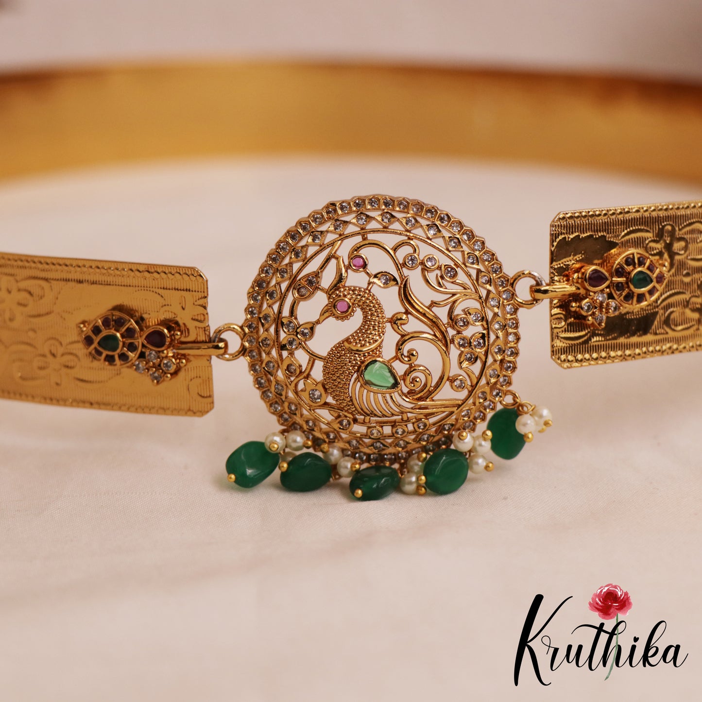 Pretty Gold-Tone Peacock Motifs Hip Belt With Green Bead Drops V367