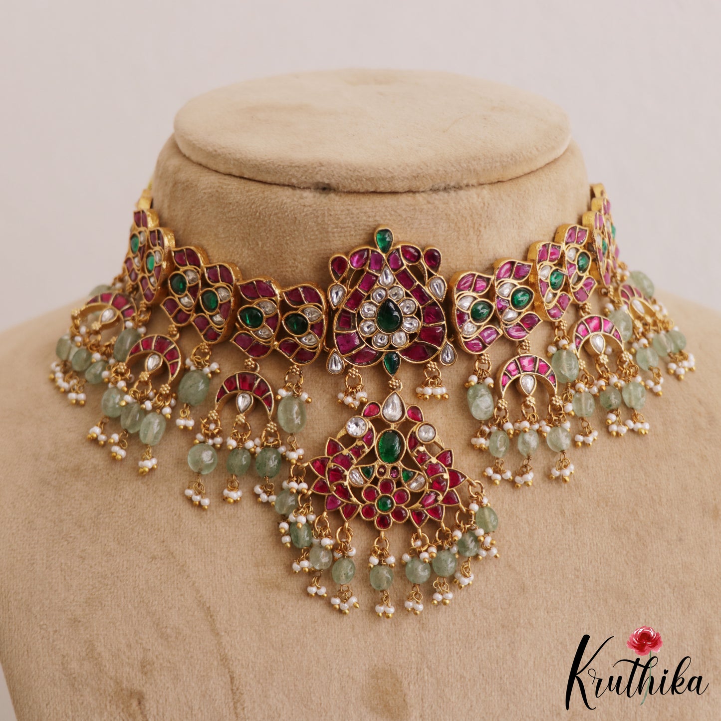 Premium Jadau Choker with Green Bead Drops NC2613