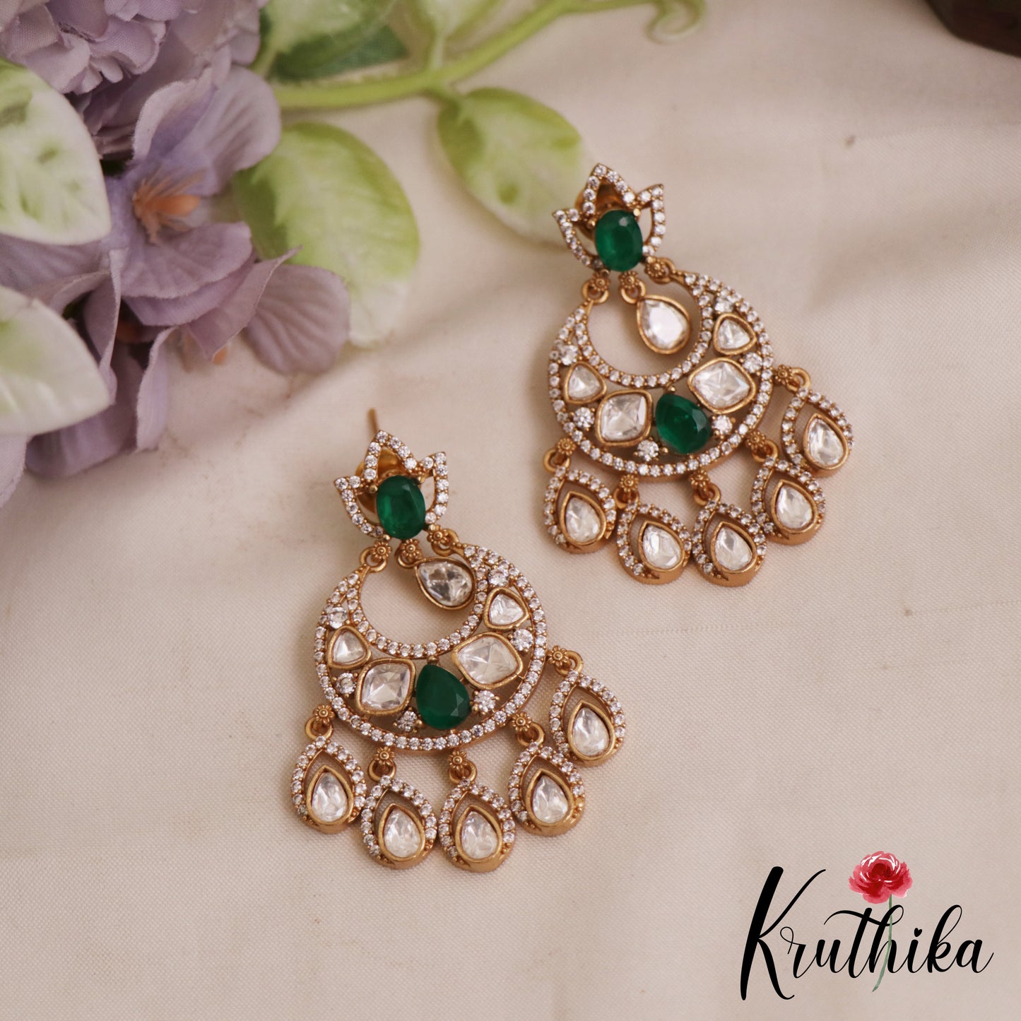 Sparkling Teardrop AD Victorian Chandbali Earrings E1063 (Available In 4 Colors)