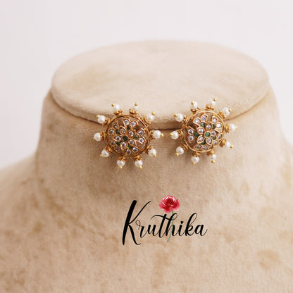 Beautiful Antique Floral Chakra Pearl Earstuds E691 (Available in 3 Colors)