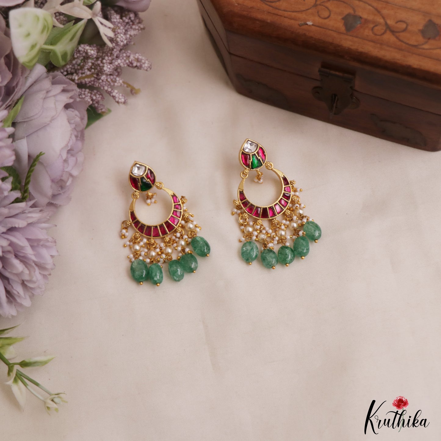 Beautiful Teardrop Motifs Jadau Chandbali Earrings With Green Bead Drops E1156