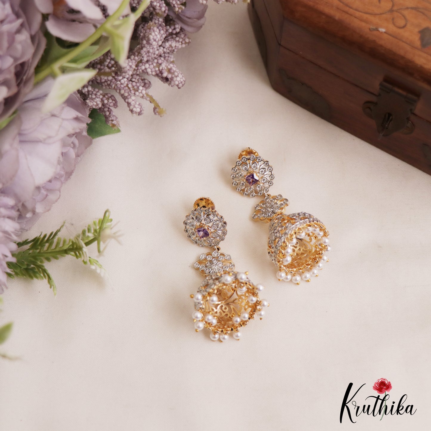 Elegant Floral Motifs AD Jhumkas With Pearl Drops E1098 (Available In 3 Colors)