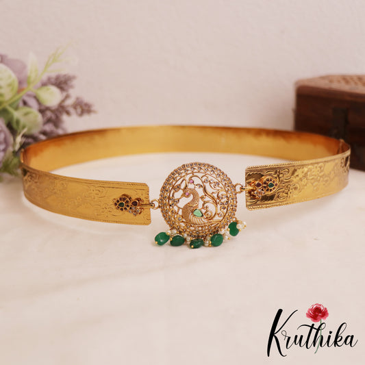 Pretty Gold-Tone Peacock Motifs Hip Belt With Green Bead Drops V367