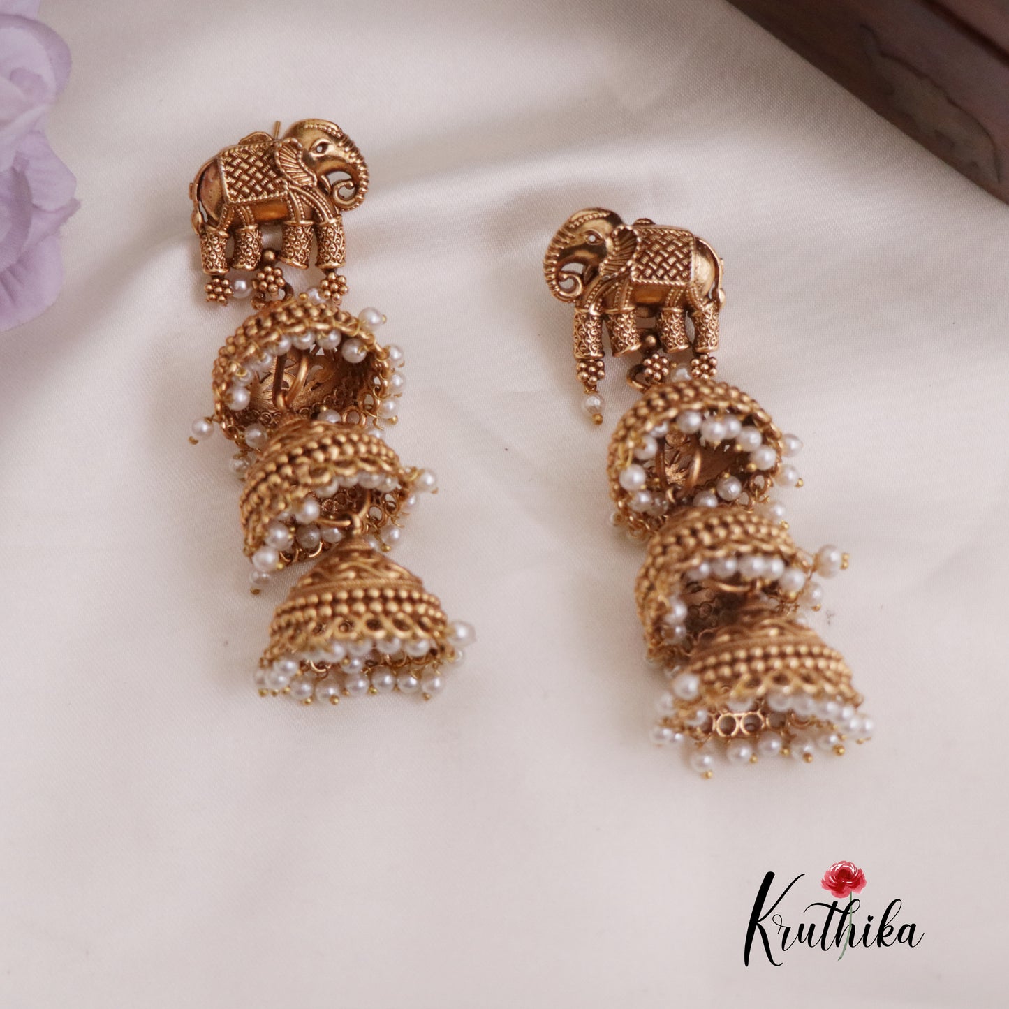 Premium Antique Elephant Triple-Layered Pearl Beaded Jhumkas E674