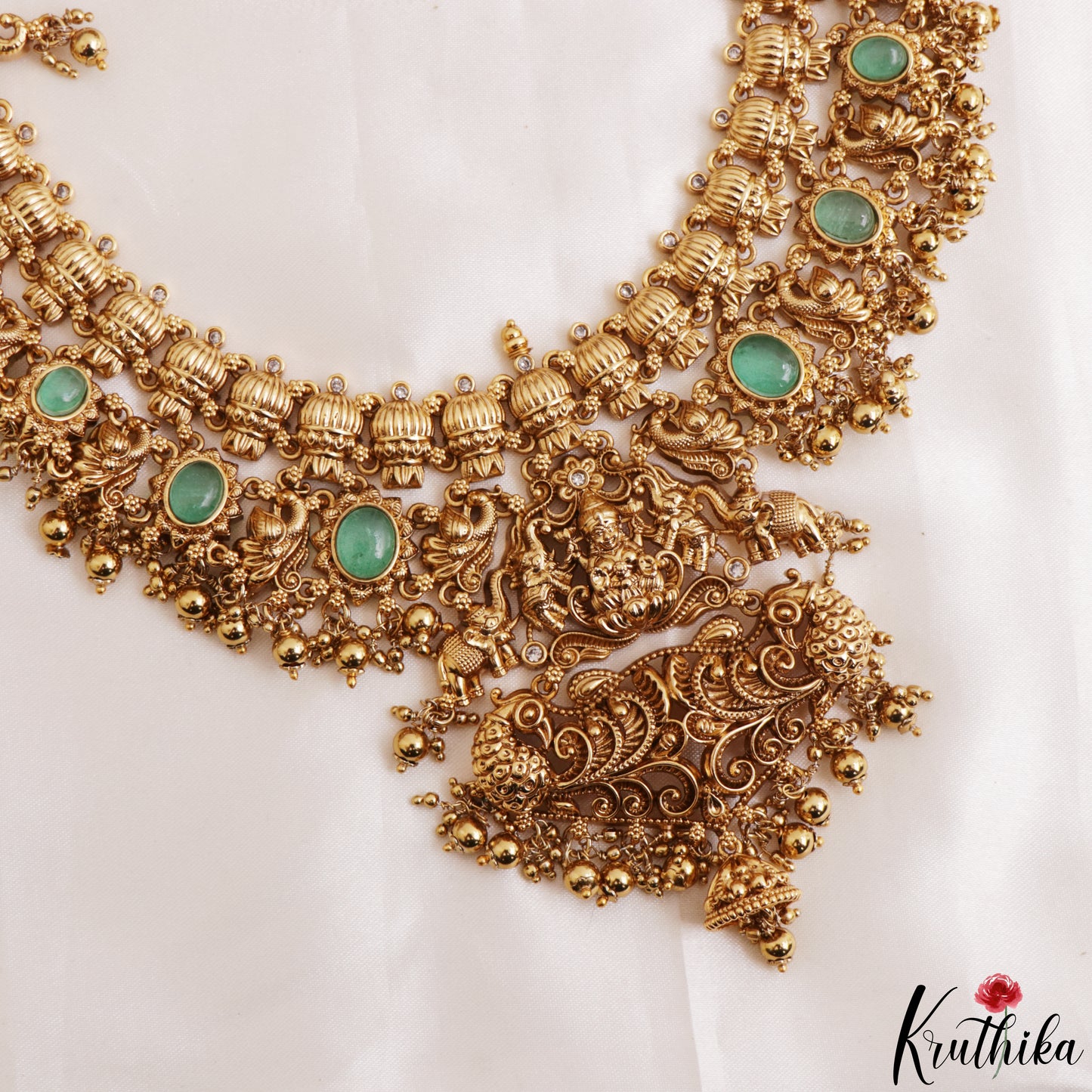 Premium Antique Nagas Lakshmi Peacock Motifs Temple Haaram With Golden Bead Drops LH2203