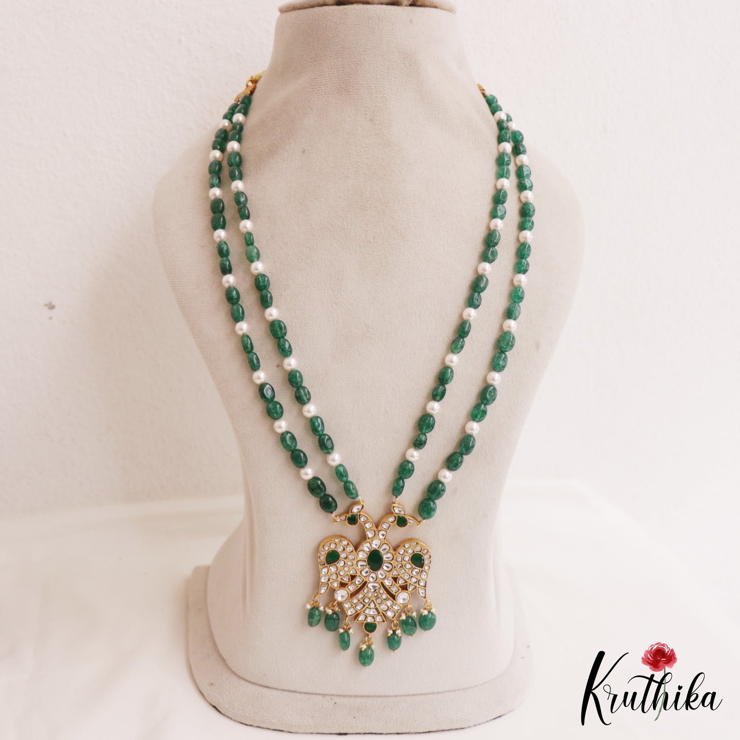 Premium Reversible Jadau Garuda Pendant haaram With Green Bead Drops LH2056