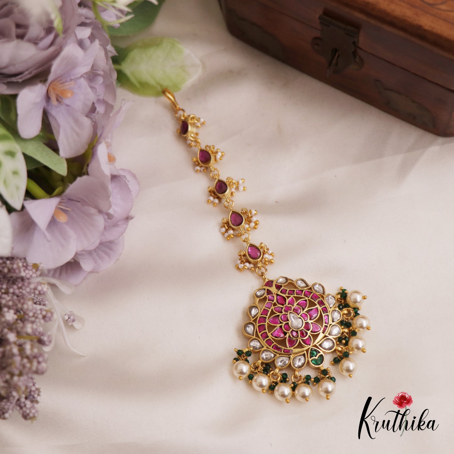Beautiful Floral Peacock Motifs Jadau Maang Tikka With Pearl Drops MT369