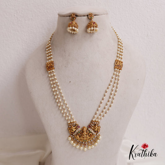 Classic Triple Layered Pearl Strands With Lakshmi Elephant Motifs Pendant Haaram LH2014