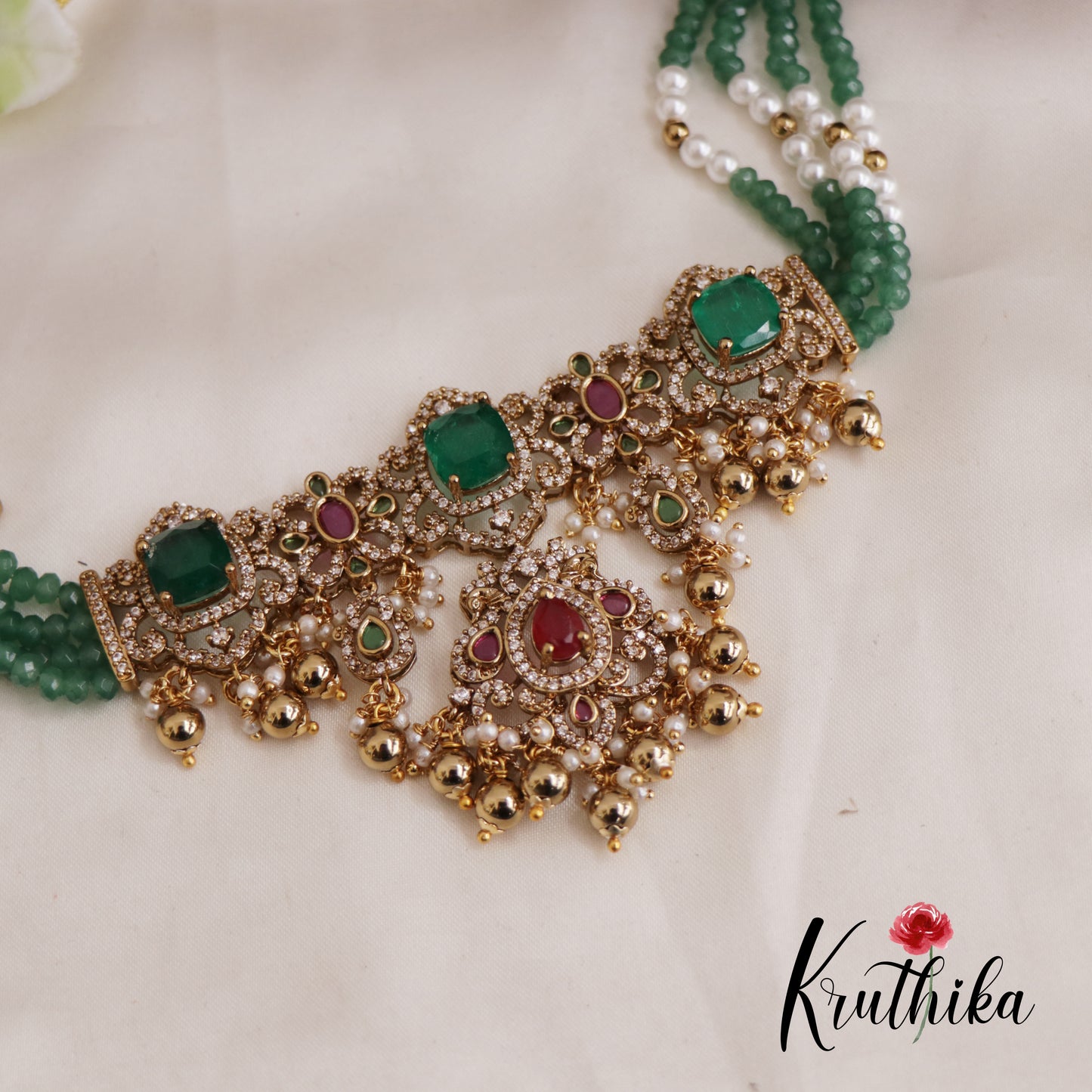 Gorgeous CZ Victorian Choker With Multi Strand Pearl Chain  NC2605 (Available in 2 Colors)