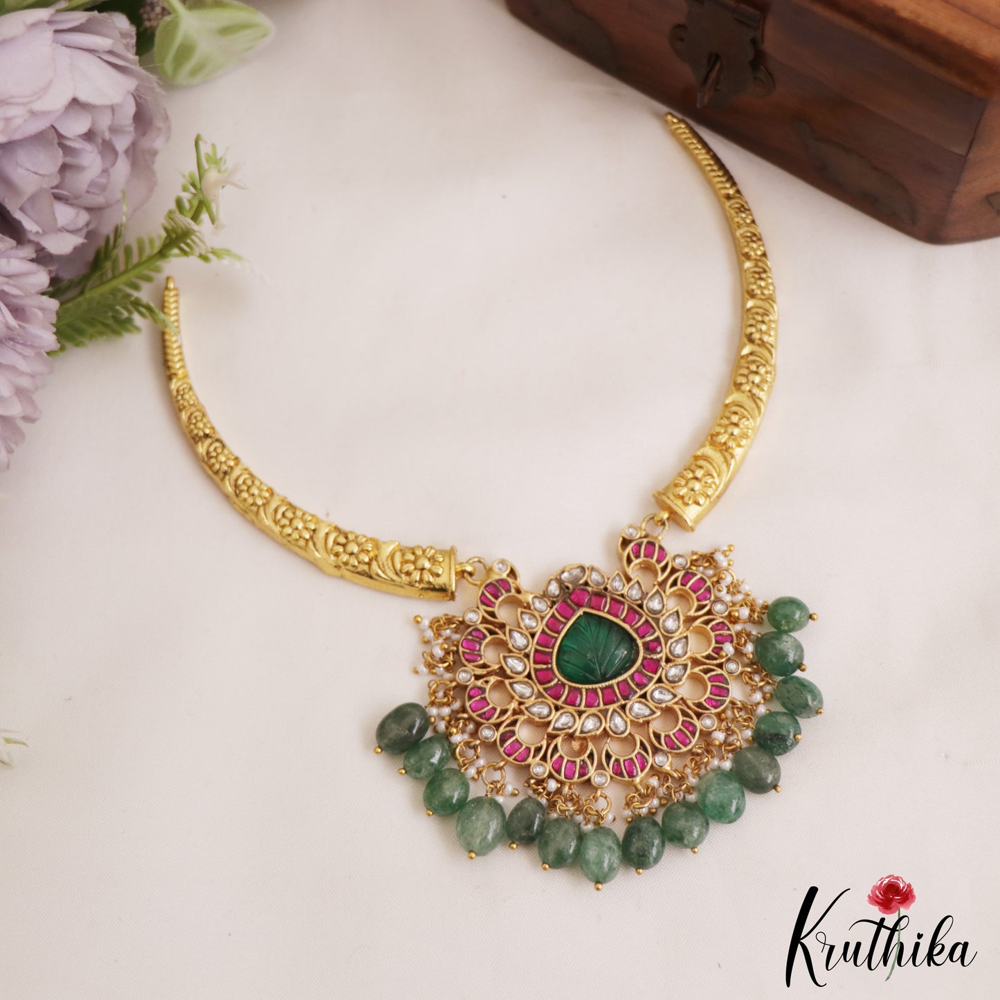 Trendy Teardrop Motifs Hasli Jadau Choker With Green Bead Drops NC2956