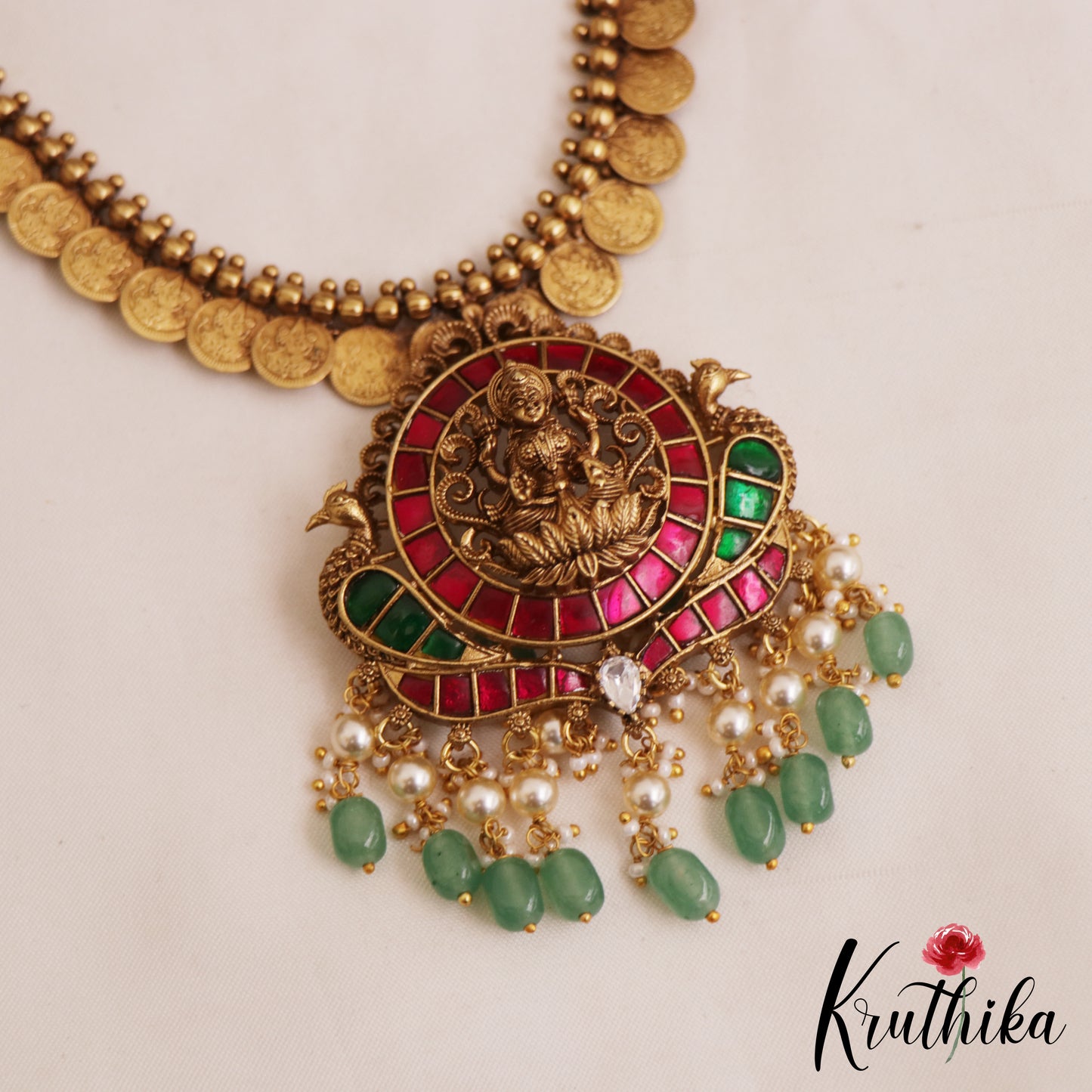 Premium Antique Nagas Lakshmi Peacock Kasu Jadau Necklace With Green Bead Drops NC2832