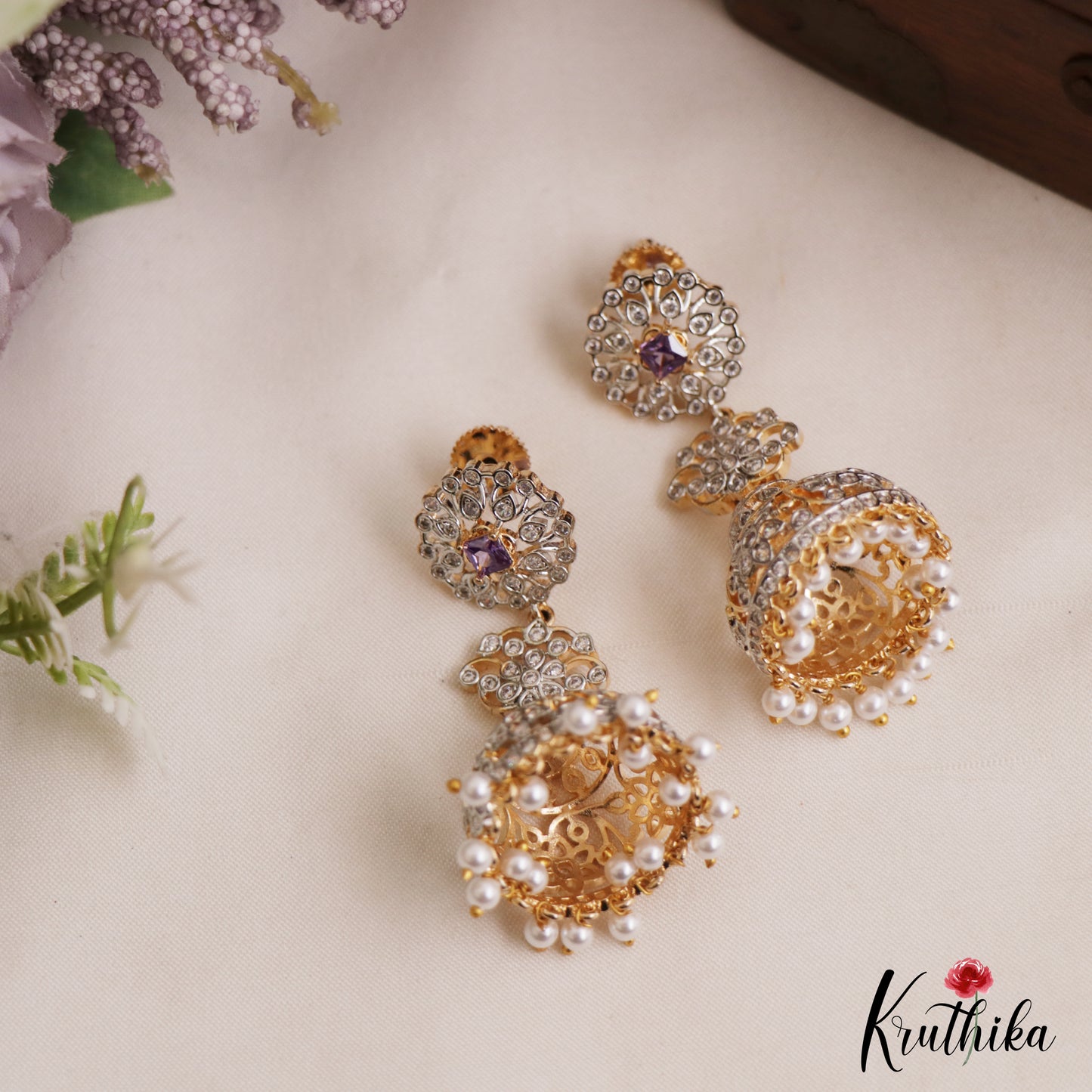 Elegant Floral Motifs AD Jhumkas With Pearl Drops E1098 (Available In 3 Colors)