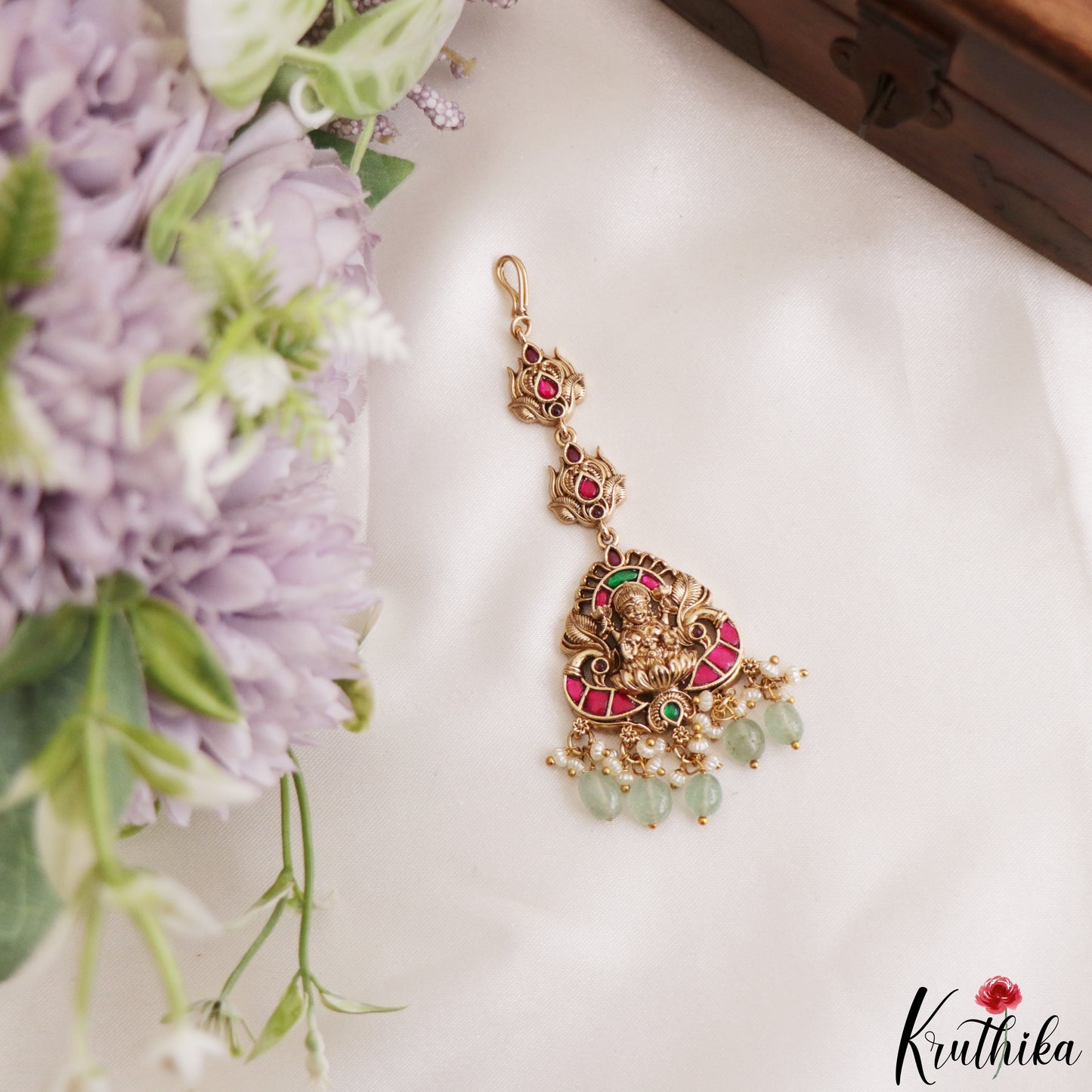 Classic Antique Lakshmi Peacock Motifs Jadau Maang Tikka With Pearl Bead Drops MT406 (Available In 4 Colors)