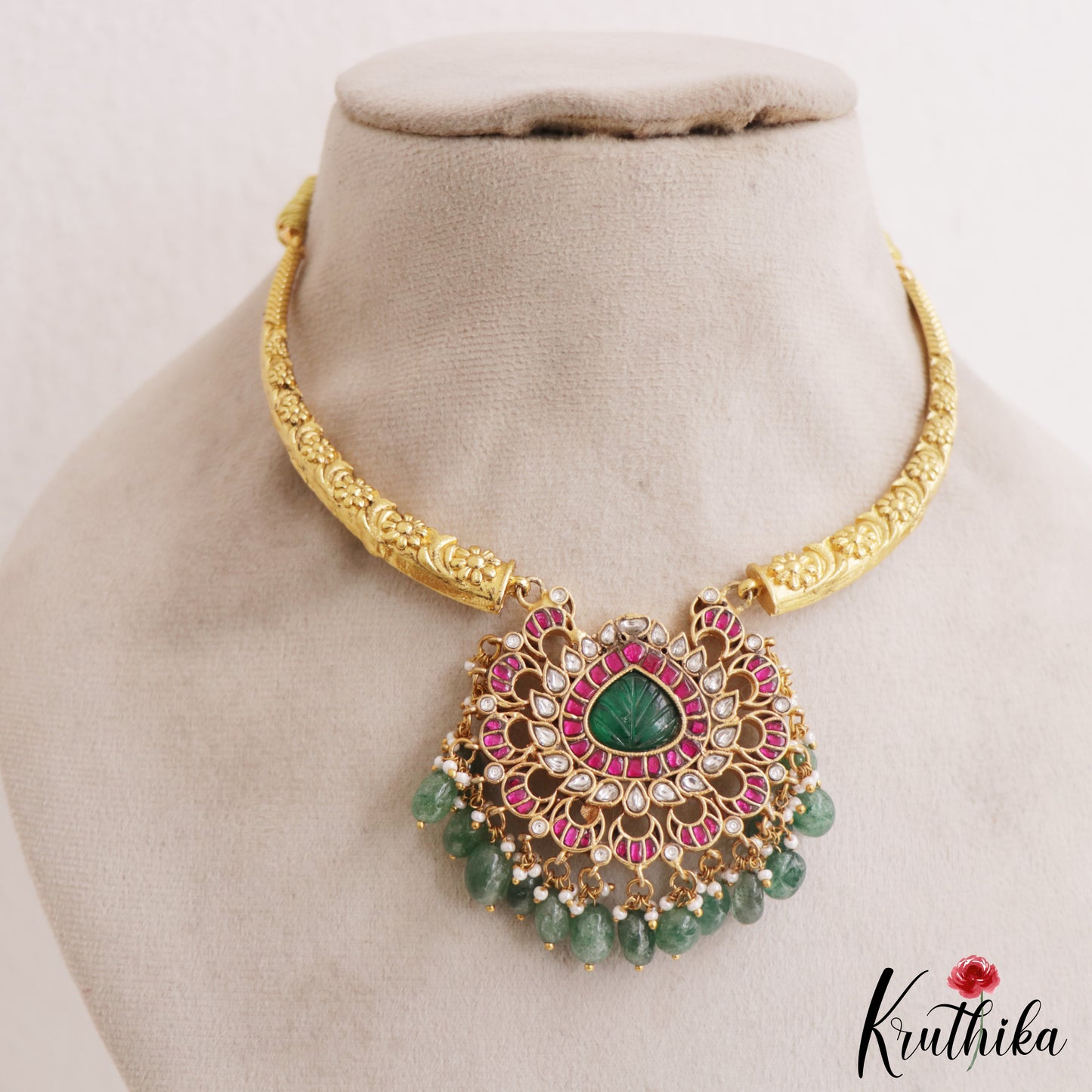 Trendy Teardrop Motifs Hasli Jadau Choker With Green Bead Drops NC2956