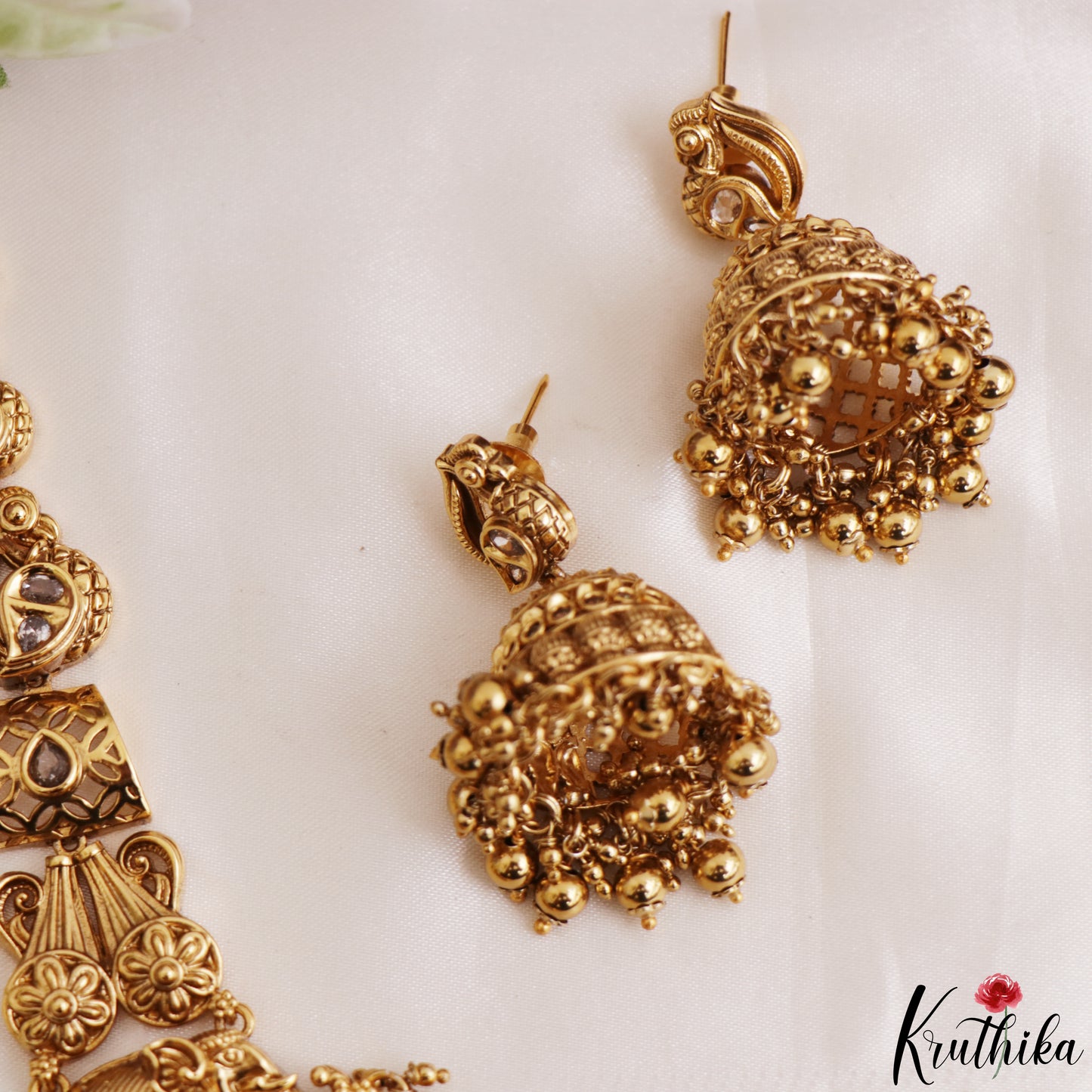 Premium Antique Nagas Lakshmi Peacock Motifs Temple Haaram With Golden Bead Drops LH2203