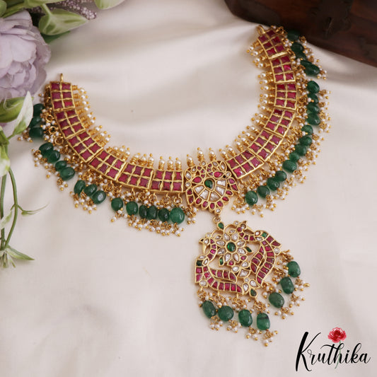 Stunning Peacock Motifs Kemp Choker With Bead And Pearl Drops  NC2612