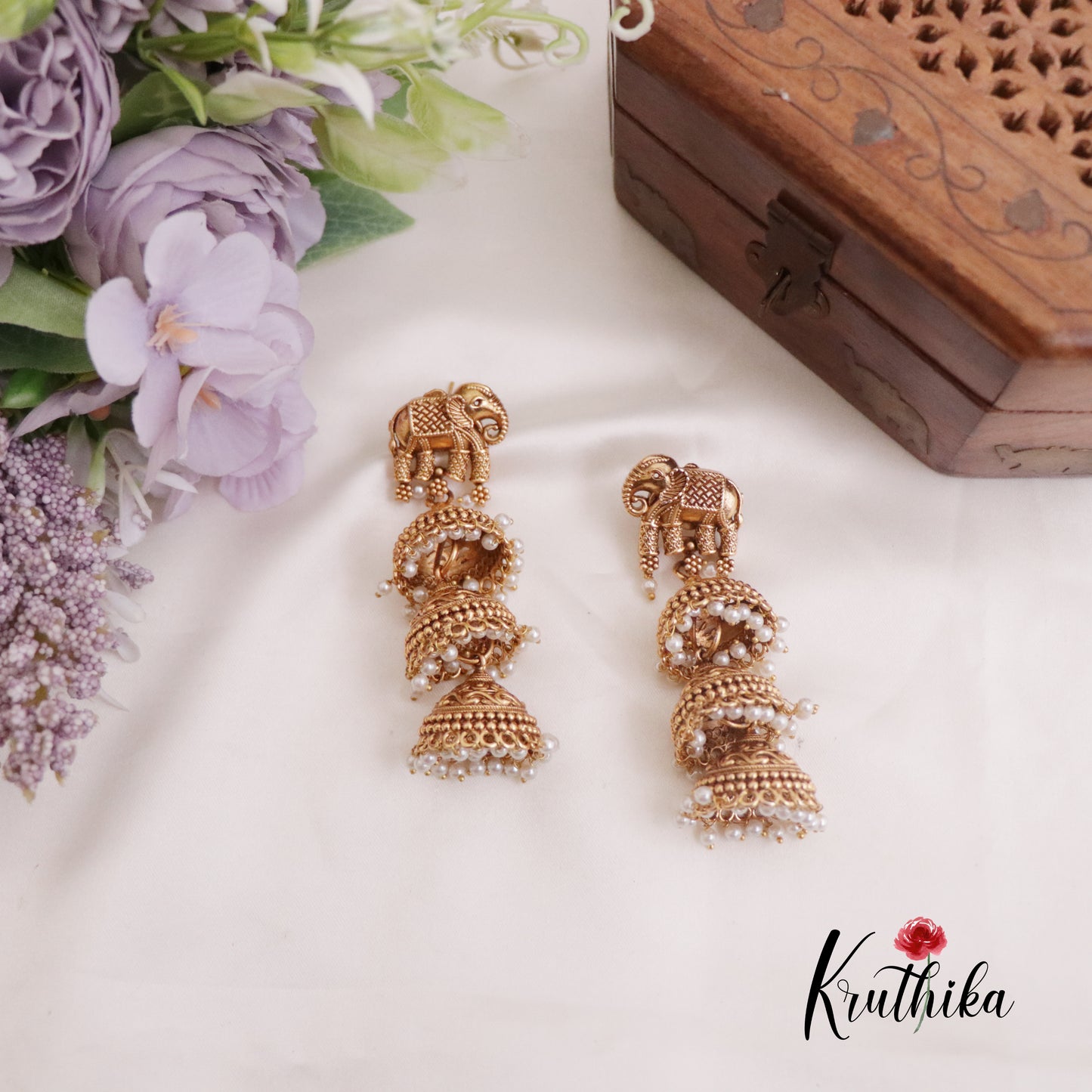 Premium Antique Elephant Triple-Layered Pearl Beaded Jhumkas E674