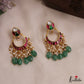 Beautiful Teardrop Motifs Jadau Chandbali Earrings With Green Bead Drops E1156