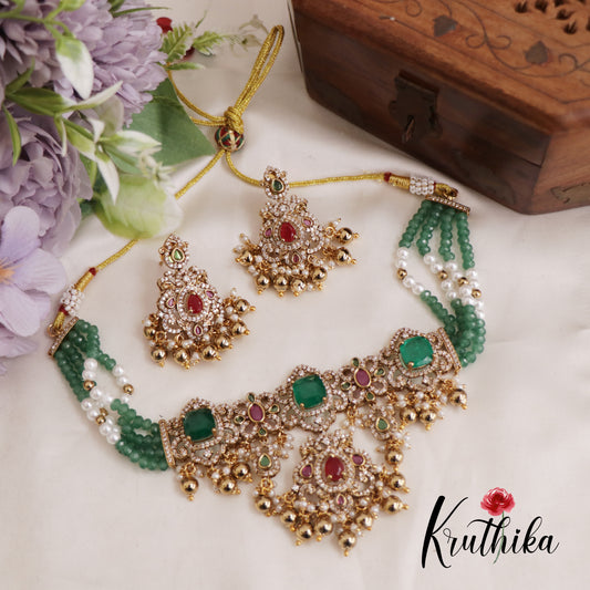 Gorgeous CZ Victorian Choker With Multi Strand Pearl Chain  NC2605 (Available in 2 Colors)