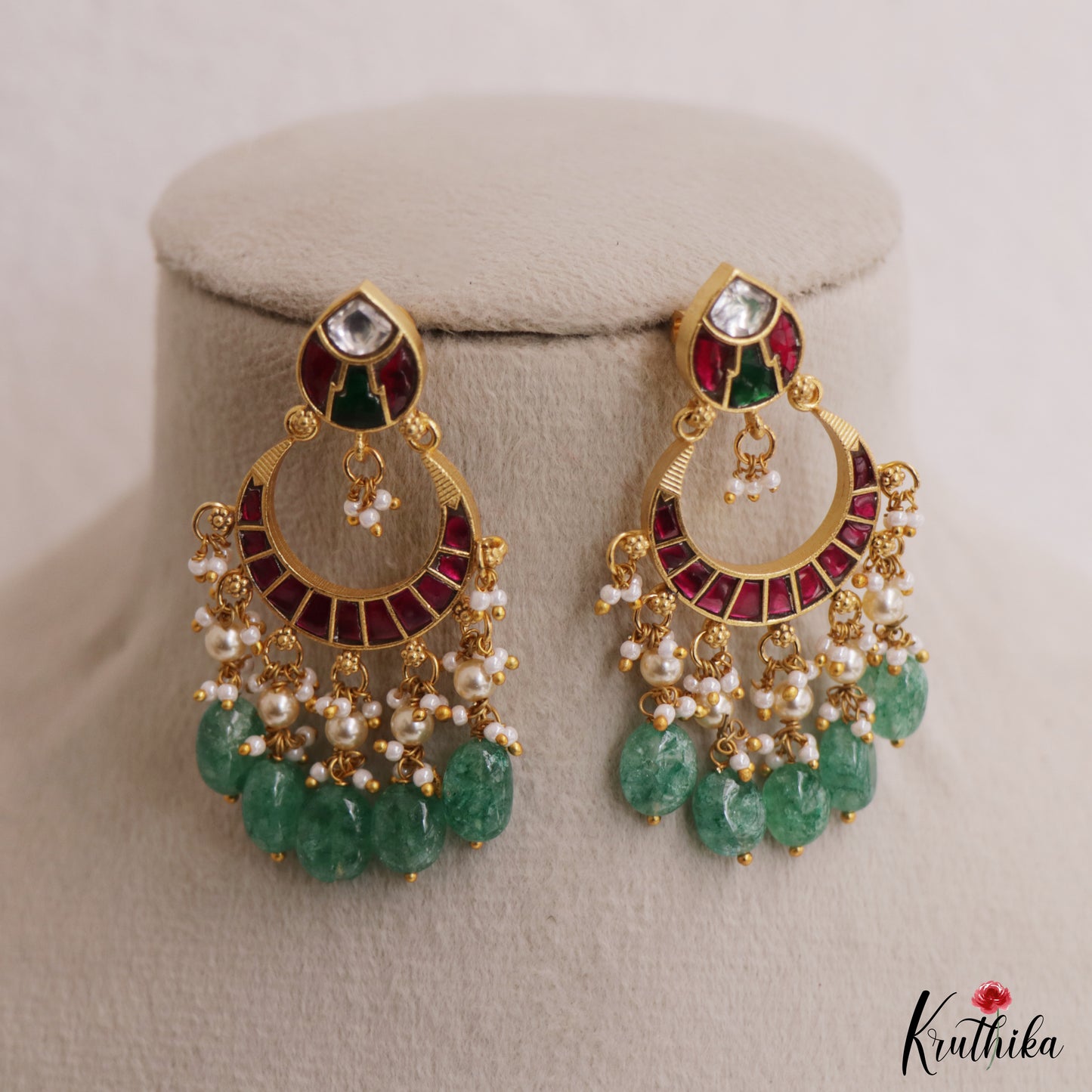 Beautiful Teardrop Motifs Jadau Chandbali Earrings With Green Bead Drops E1156