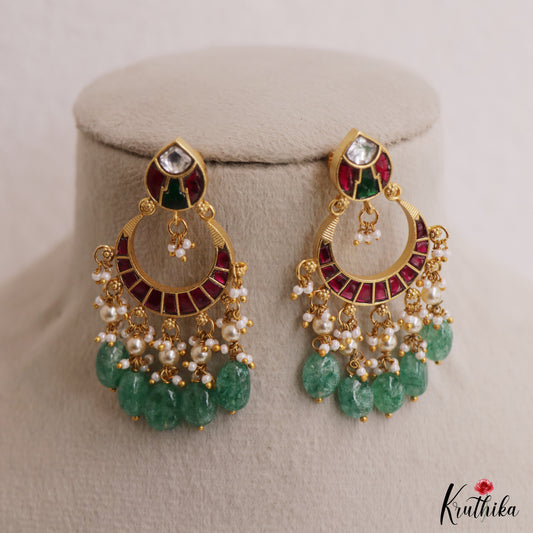 Beautiful Teardrop Motifs Jadau Chandbali Earrings With Green Bead Drops E1156