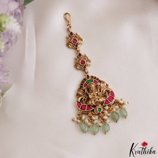 Classic Antique Lakshmi Peacock Motifs Jadau Maang Tikka With Pearl Bead Drops MT406 (Available In 4 Colors)