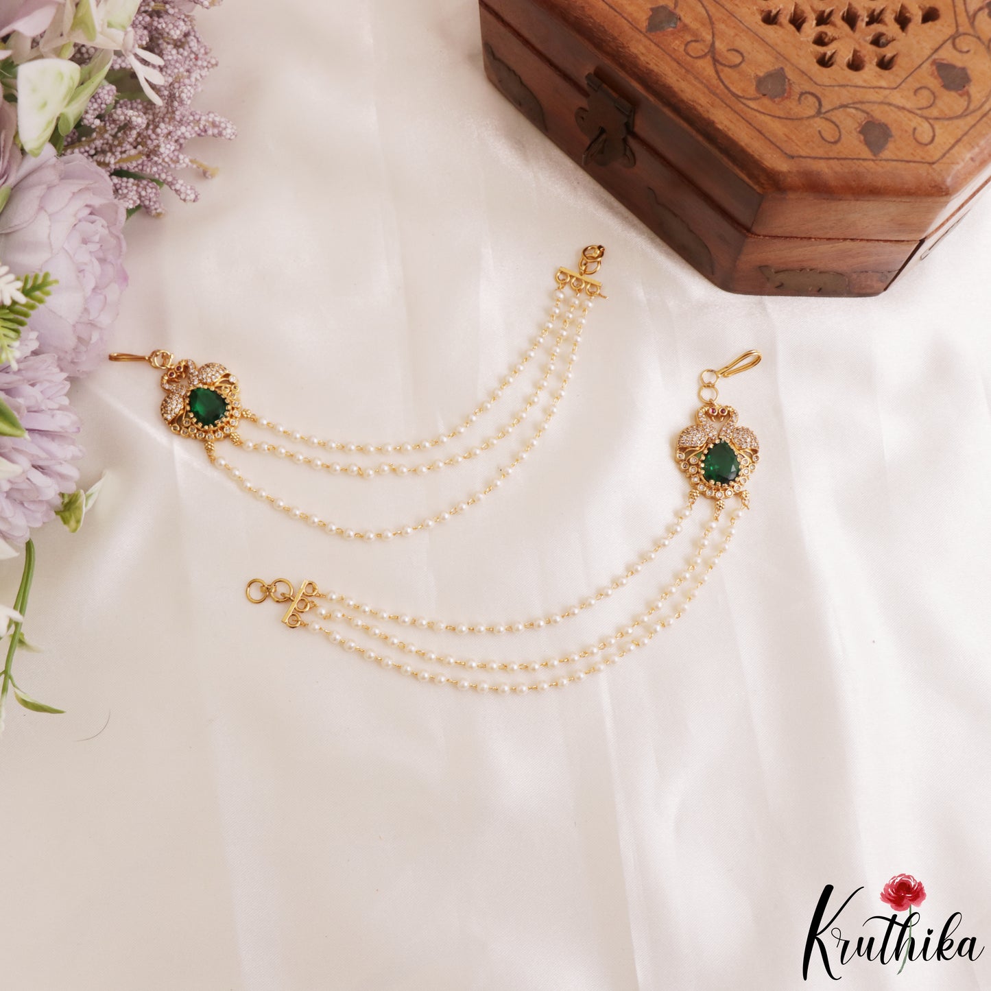 Sparkling CZ Peacock Motifs Multi Pearl Strand Earchains EC227 (Available In 2 Colors)