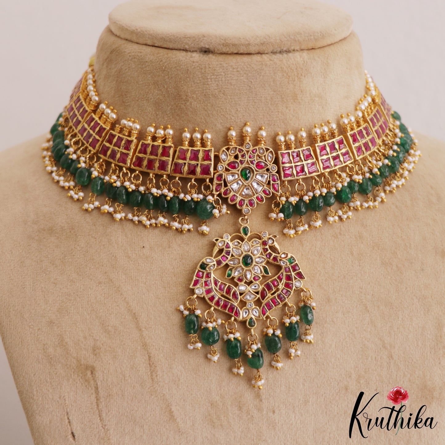 Stunning Peacock Motifs Kemp Choker With Bead And Pearl Drops  NC2612