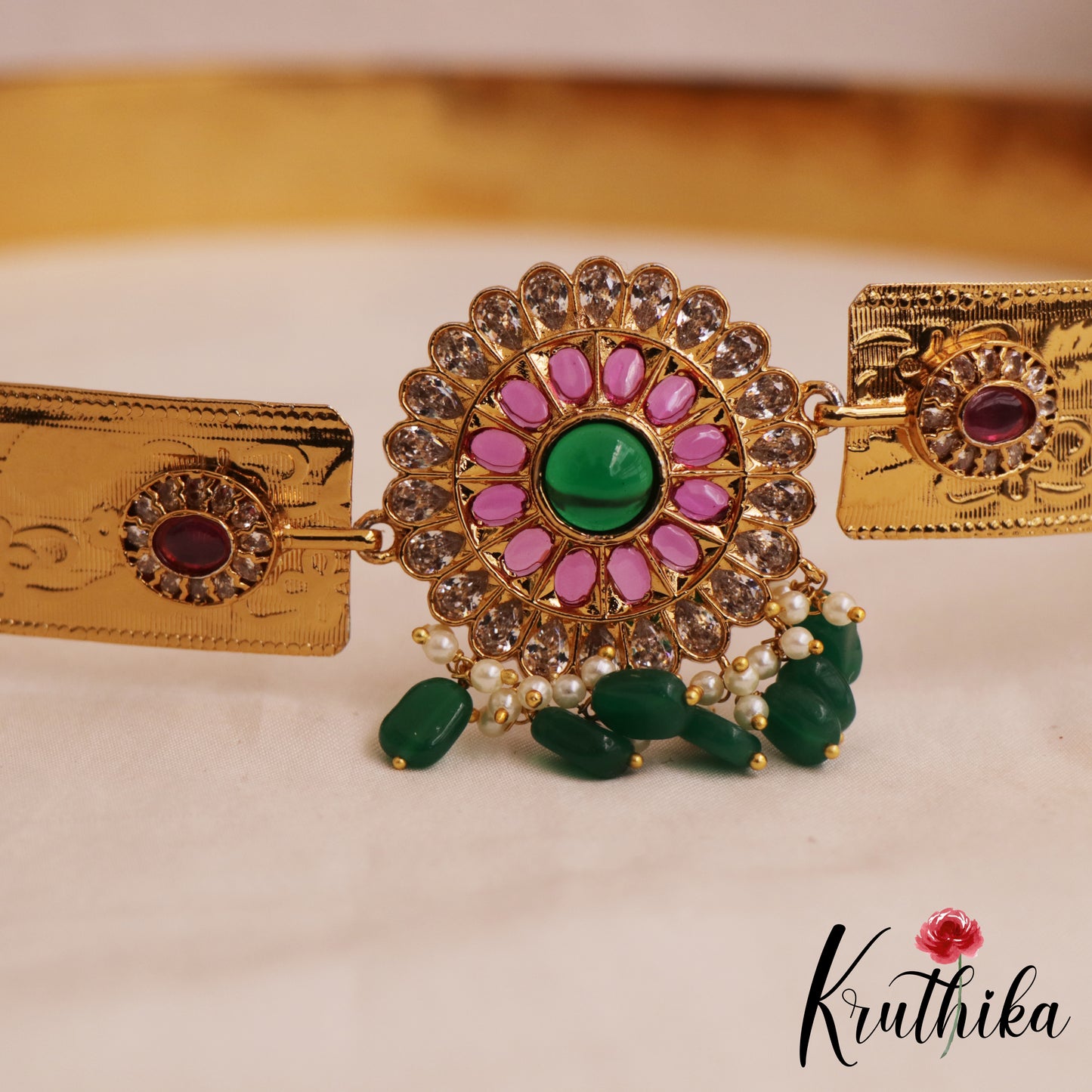 Trendy Floral Motifs Hip Belt With Green Bead Drops V368