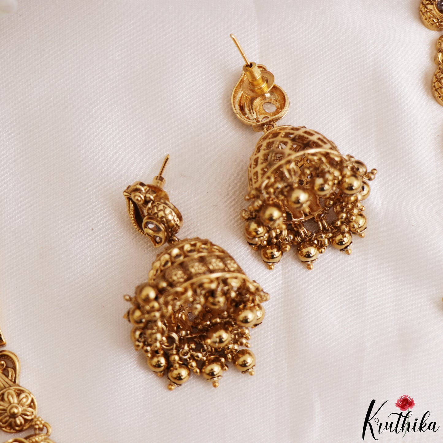Premium Antique Nagas Lakshmi Peacock Motifs Temple Haaram With Golden Bead Drops LH2203