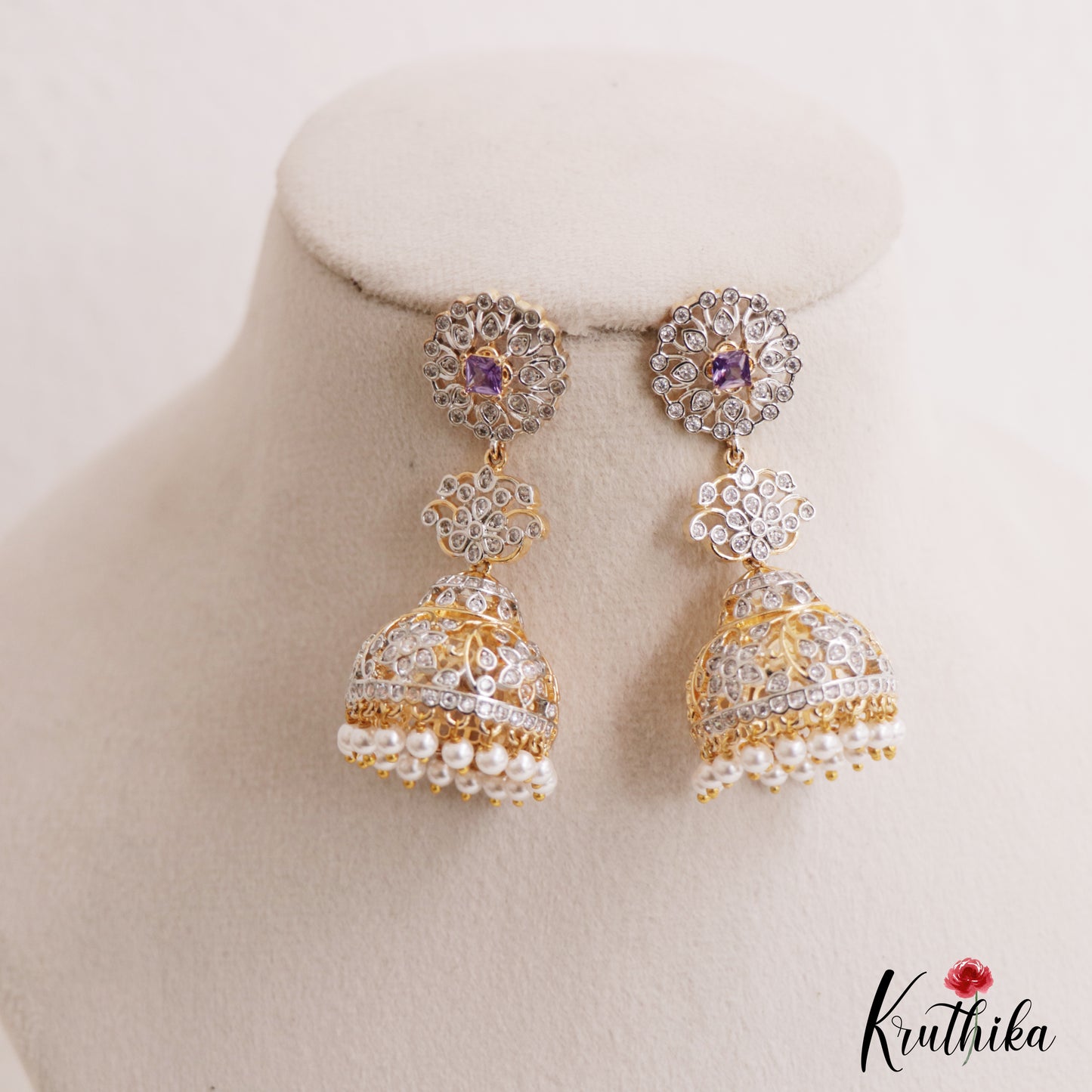 Elegant Floral Motifs AD Jhumkas With Pearl Drops E1098 (Available In 3 Colors)