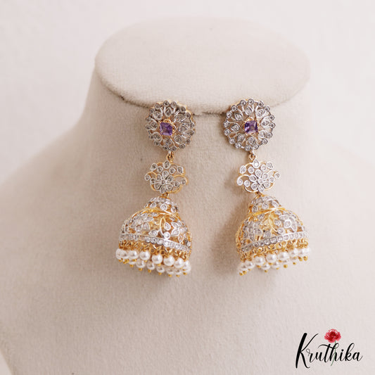 Elegant Floral Motifs AD Jhumkas With Pearl Drops E1098 (Available In 3 Colors)