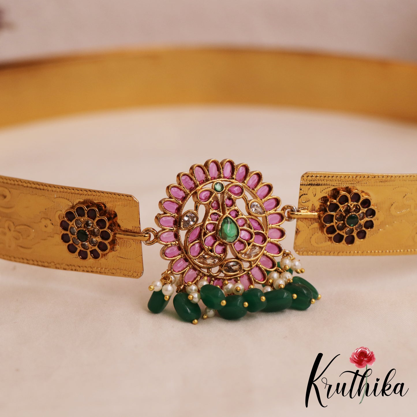 Elegant Floral Peacock Motifs Hip Belt With Green Bead Drops V365