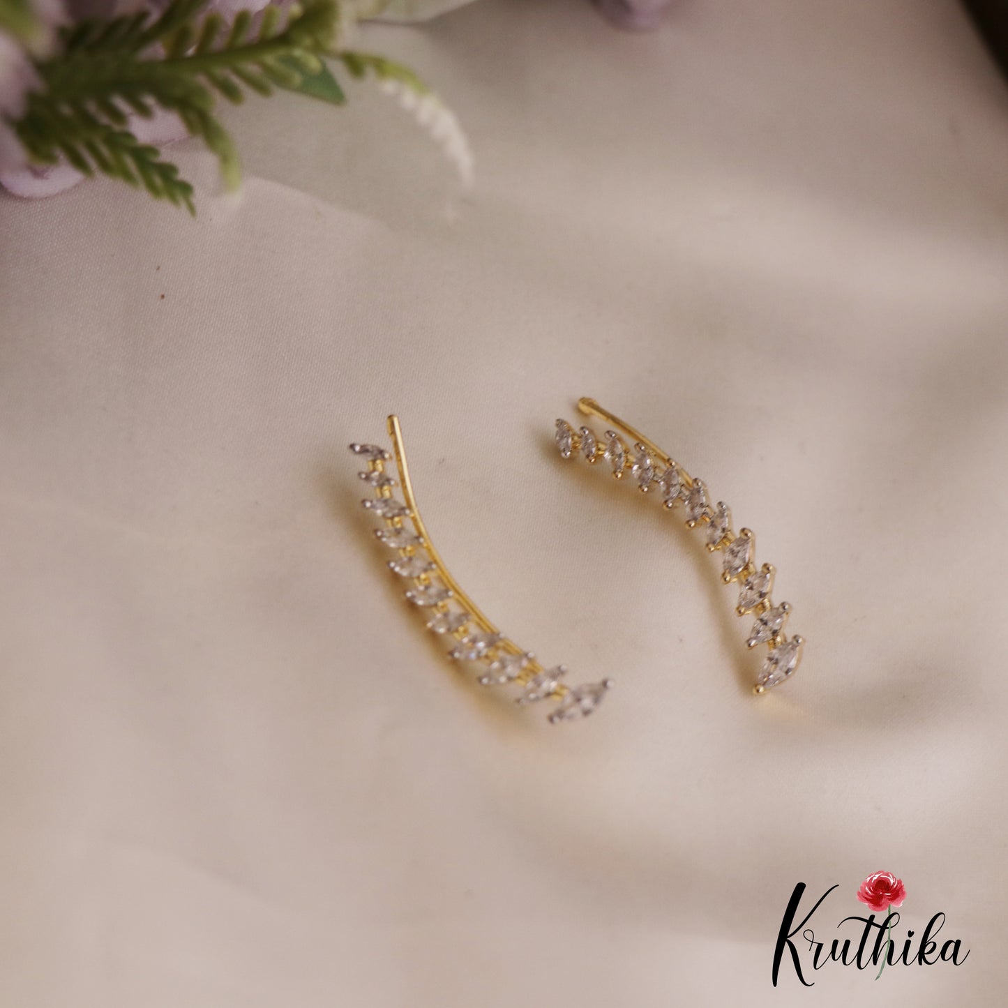 Simple Leaf Motifs AD Stones Ear Climbers E936