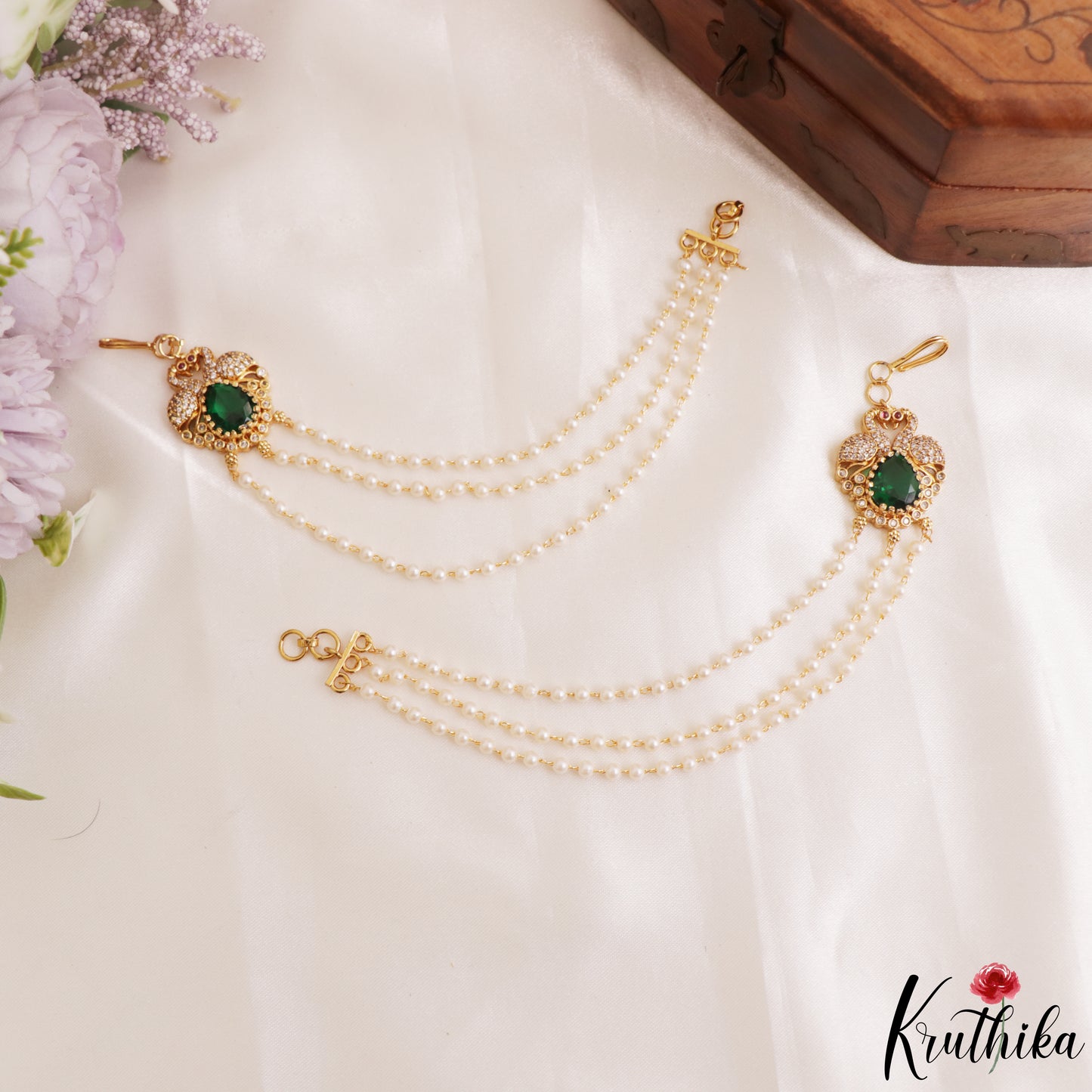 Sparkling CZ Peacock Motifs Multi Pearl Strand Earchains EC227 (Available In 2 Colors)