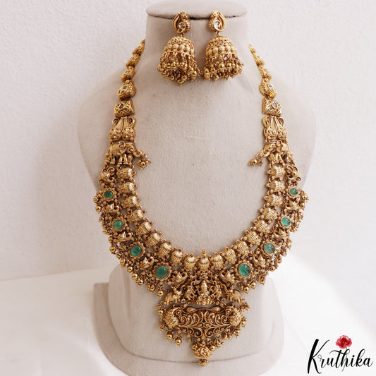 Premium Antique Nagas Lakshmi Peacock Motifs Temple Haaram With Golden Bead Drops LH2203