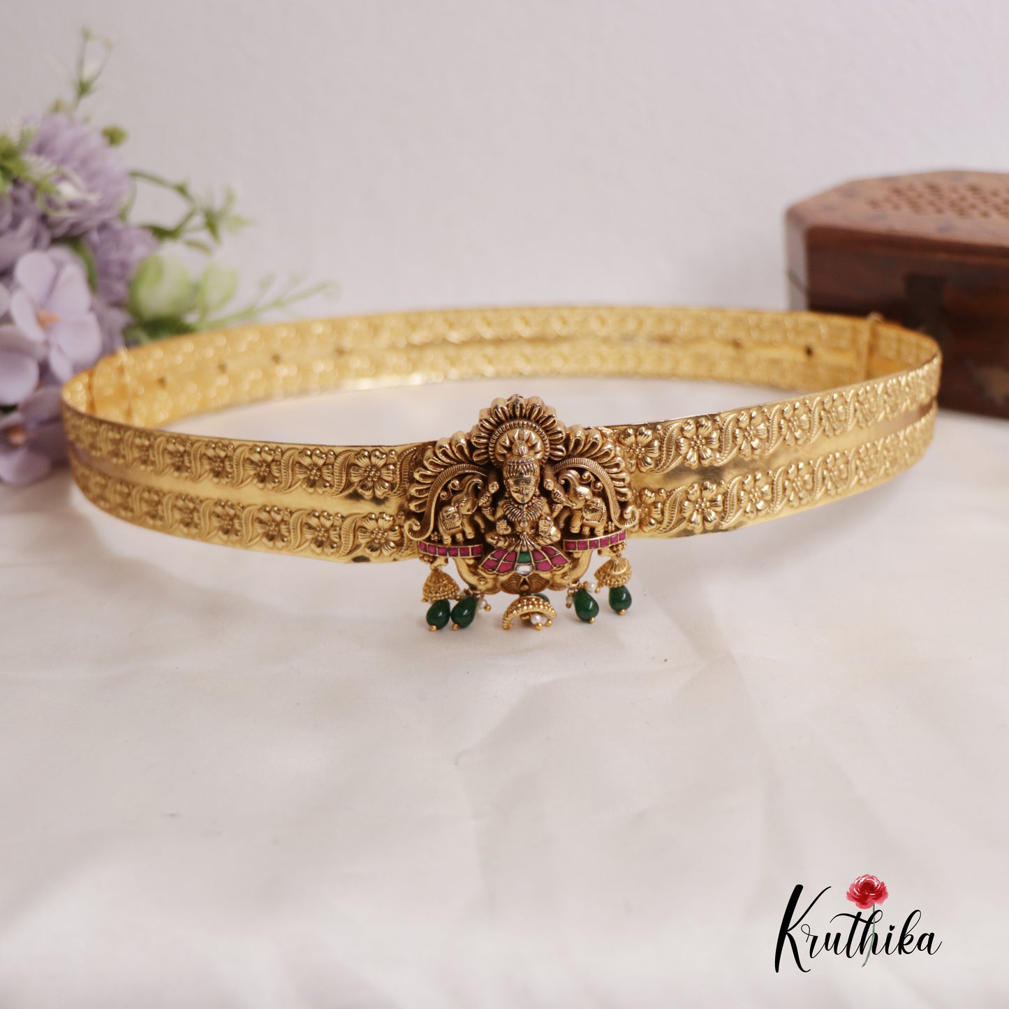 Elegant Jadau Lakshmi Hip Belt With Green Beads V302