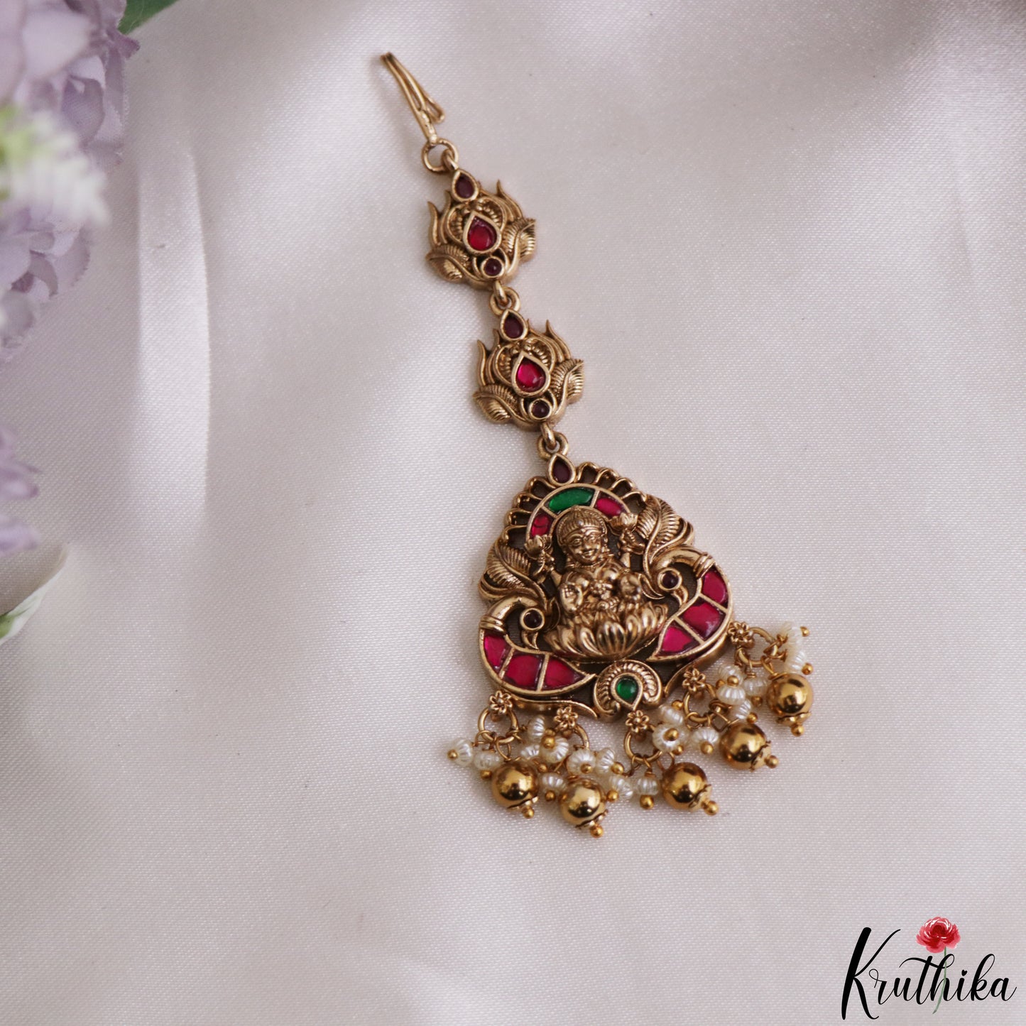 Classic Antique Lakshmi Peacock Motifs Jadau Maang Tikka With Pearl Bead Drops MT406 (Available In 4 Colors)