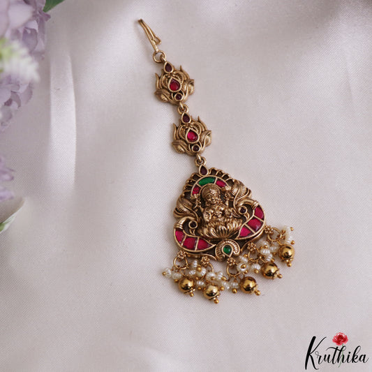 Classic Antique Lakshmi Peacock Motifs Jadau Maang Tikka With Pearl Bead Drops MT406 (Available In 4 Colors)