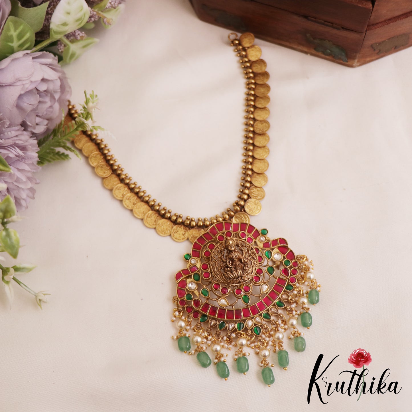 Gorgeous Antique Nagas Lakshmi Peacock Kasu Jadau Necklace With Green Bead Drops NC2833