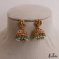 Classic Antique Lakshmi Motifs Temple Jhumkas With Green Bead Drops E1157