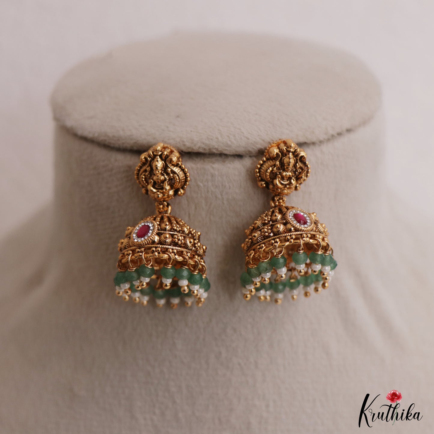 Classic Antique Lakshmi Motifs Temple Jhumkas With Green Bead Drops E1157