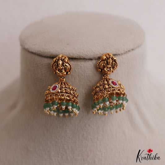 Classic Antique Lakshmi Motifs Temple Jhumkas With Green Bead Drops E1157