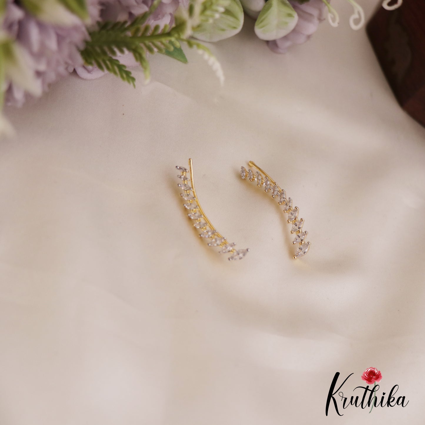 Simple Leaf Motifs AD Stones Ear Climbers E936