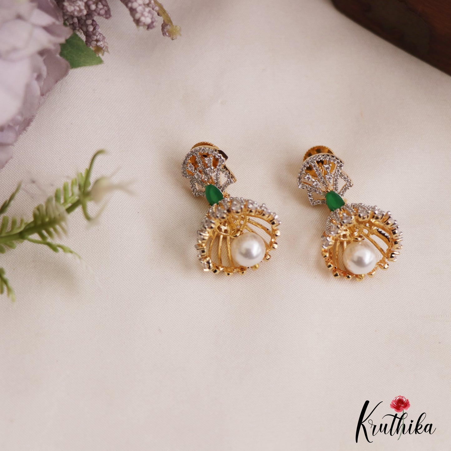 Trendy Gold-Tone AD Jhumkas With Pearl Drop E1108 (Available In 3 Colors)