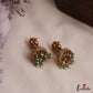 Classic Antique Lakshmi Motifs Temple Jhumkas With Green Bead Drops E1157