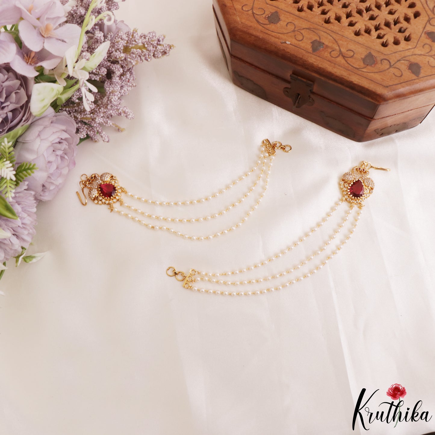 Sparkling CZ Peacock Motifs Multi Pearl Strand Earchains EC227 (Available In 2 Colors)